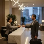 Hotel front desk agent warmly greeting guest during check-in