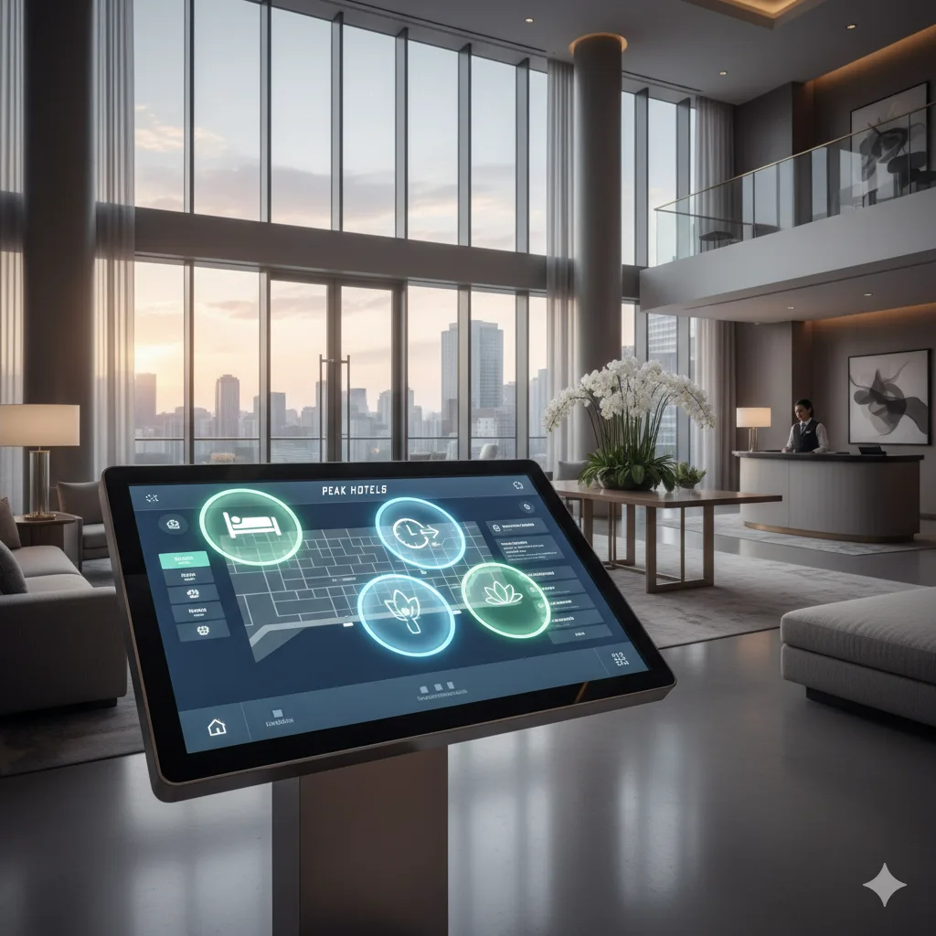 Hotel lobby kiosk showing upgrade options via AI interface